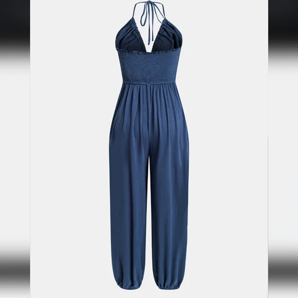 Cupshe Navy Halter Wide-Leg Jumpsuit with Pockets - Picture 3 of 12